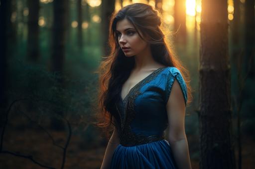 women with dark brown hair, blue dress, sunset, mystical forest, the middle ages, Canon EOS 5D Mark IV DSLR, f/1.8, ISO 100, 1/250 second --ar 3:2 --v 5.1 --q 2 --upbeta