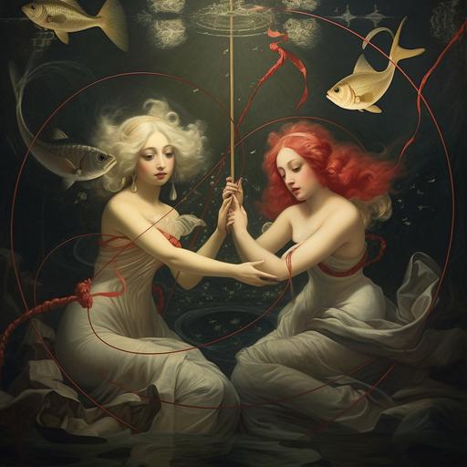 women with two fish tied together by a rope swimming in opposite direction, Piscis, Zodiac, space