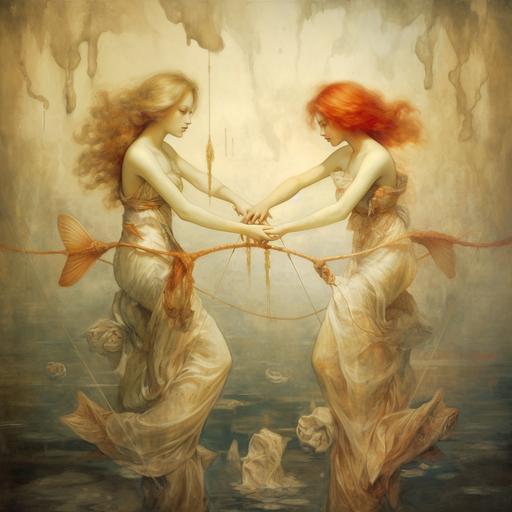 women with two fish tied together by a rope swimming in opposite direction, Piscis, Zodiac, space