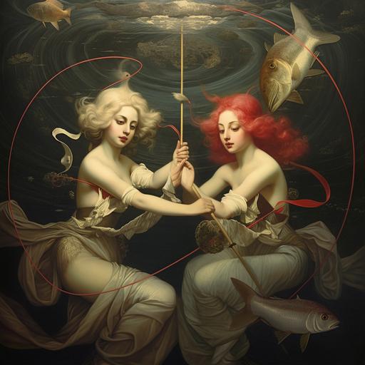 women with two fish tied together by a rope swimming in opposite direction, Piscis, Zodiac, space