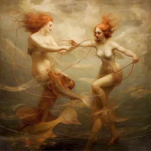 women with two fish tied together by a rope swimming in opposite direction, Piscis, Zodiac, space