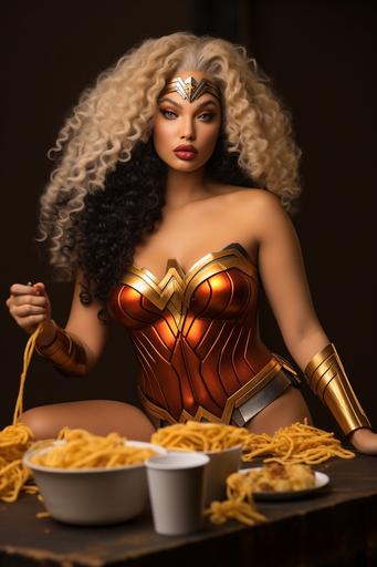 wonder woman cosplaying as jaba the huts prison chic Mami Miami. Loves fried food more than 🍔 times 7 --ar 2:3