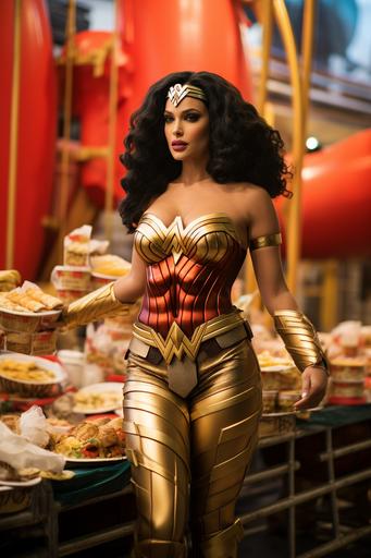 wonder woman cosplaying as jaba the huts prison chic Mami Miami. Loves fried food more than 🍔 times 7 --ar 2:3