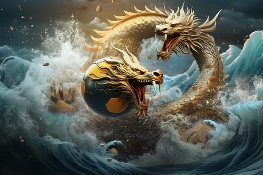 wonderful ethereal ancient chinese white gold dragon floats over the crazy wave sea, with a golden soccer ball. high quality , --ar 3:2