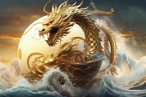 wonderful ethereal ancient chinese white gold dragon floats over the crazy wave sea, with a golden soccer ball. high quality , --ar 3:2