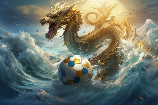 wonderful ethereal ancient chinese white gold dragon floats over the crazy wave sea, with a golden soccer ball. high quality , --ar 3:2