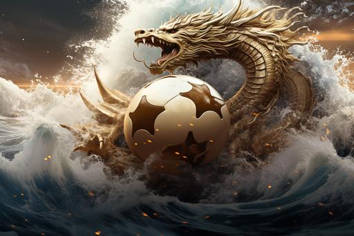 wonderful ethereal ancient chinese white gold dragon floats over the crazy wave sea, with a golden soccer ball. high quality , --ar 3:2