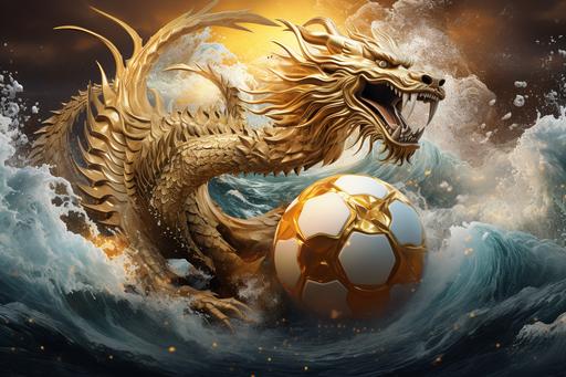 wonderful ethereal ancient chinese white gold dragon floats over the crazy wave sea, with a golden soccer ball. high quality , --ar 3:2