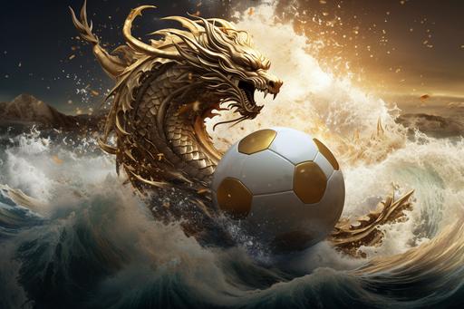 wonderful ethereal ancient chinese white gold dragon floats over the crazy wave sea, with a golden soccer ball. high quality , --ar 3:2