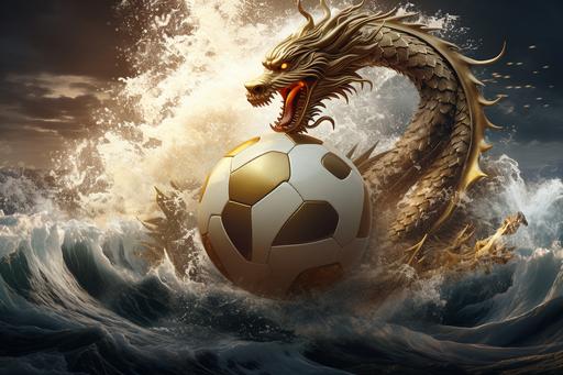 wonderful ethereal ancient chinese white gold dragon floats over the crazy wave sea, with a golden soccer ball. high quality , --ar 3:2