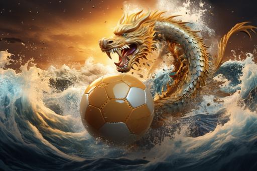 wonderful ethereal ancient chinese white gold dragon floats over the crazy wave sea, with a golden soccer ball. high quality , --ar 3:2