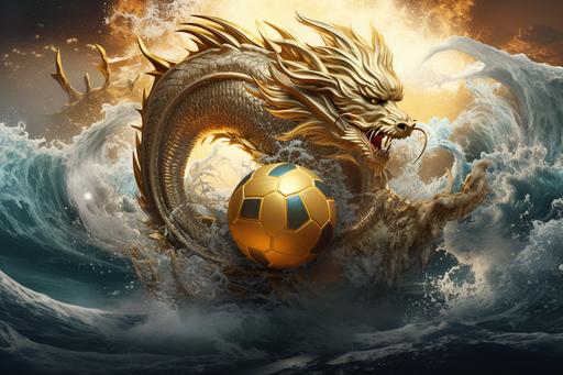 wonderful ethereal ancient chinese white gold dragon floats over the crazy wave sea, with a golden soccer ball. high quality , --ar 3:2