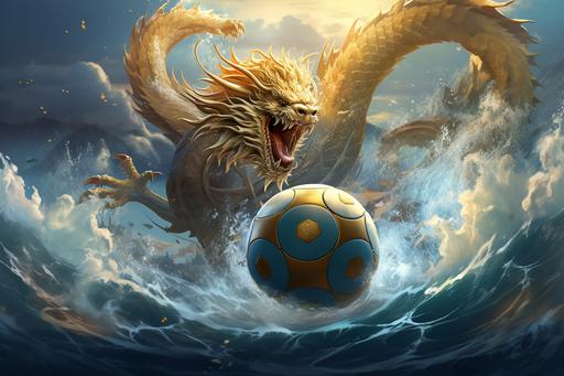 wonderful ethereal ancient chinese white gold dragon floats over the crazy wave sea, with a golden soccer ball. high quality , --ar 3:2