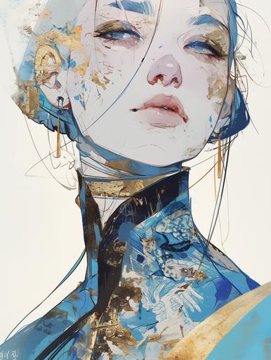 A woman's face is painted in outlines with watercolors, in the style of japanese prints, dark gold and light blue, spray paint, intricate illustrations, chinapunk, hyper - detailed illustrations, tattoo inspired --ar 3:4 --niji 6