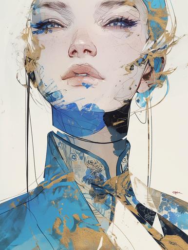 A woman's face is painted in outlines with watercolors, in the style of japanese prints, dark gold and light blue, spray paint, intricate illustrations, chinapunk, hyper - detailed illustrations, tattoo inspired --ar 3:4 --niji 6