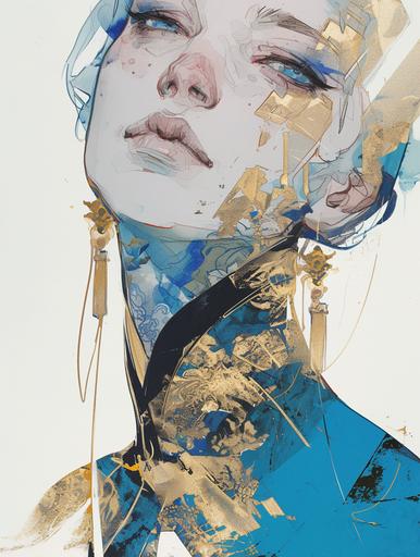 A woman's face is painted in outlines with watercolors, in the style of japanese prints, dark gold and light blue, spray paint, intricate illustrations, chinapunk, hyper - detailed illustrations, tattoo inspired --ar 3:4 --niji 6