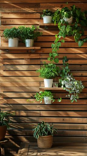 wood slat wall shelves with plants are on a side table, in the style of dreamlike motifs, angular constructions, spirited movement, wood, snapshot aesthetic, brown, eye-catching --ar 14:25