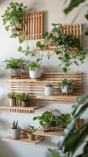 wood slat wall shelves with plants are on a side table, in the style of dreamlike motifs, angular constructions, spirited movement, wood, snapshot aesthetic, brown, eye-catching --ar 14:25