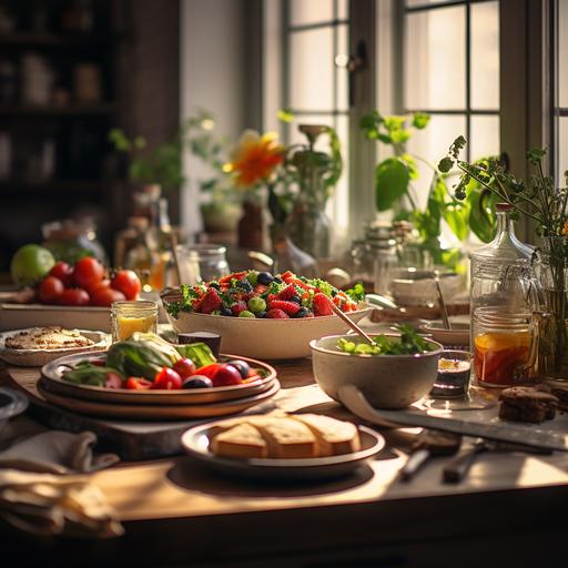 /wood table covered with vegan food, food photography, full view, in a modern west coast kitchen, ultra detailed, 8k, clean   cinematic shot, 50mm at F 1. 2 aperture , , soft sunlight falling on the subject - Image #1