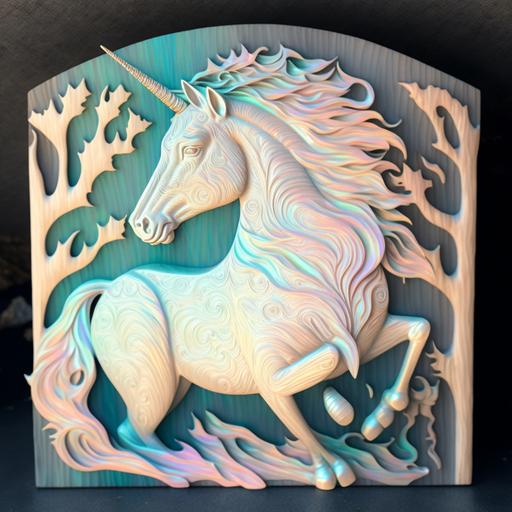 woodblock carving of a unicorn, iridescent opal wood --v 4 --q 2