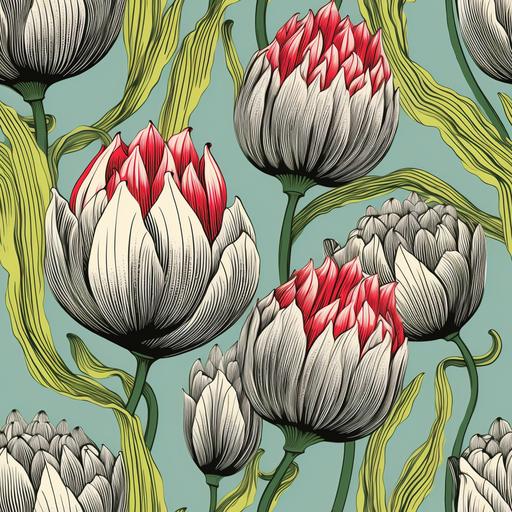 woodblock print, op art cartoon, socotra's unique tulip, a close-up image of one of socotra's endemic and unique plant species, the desert tulip, Highlight the intricate details and unusual shapes of these fascinating plant, in the style of Edward Gorey --tile --v 5.2