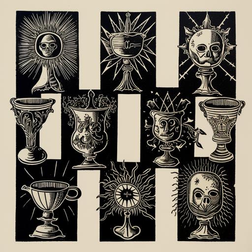 woodcut drawings of chalices and cups