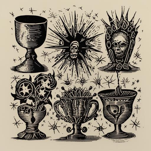 woodcut drawings of chalices and cups