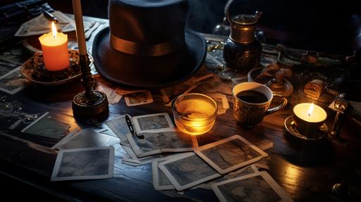 wooden desk top, looking down, candle, magic book, magician's wand, magician's top hat, cup of tea, decrative art deco playing cards --ar 16:9