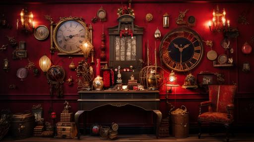 wooden wall pannel with rich red textured wallpaper with magic themes on it, steampunk wall light over a long picture in a gold floor to ceiling picture frame, shelves with magician's toys on --ar 16:9