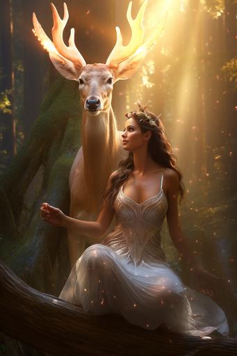 woodland fairy princess, brunette, mysterious, angelic glowing skin, riding a majestic deer, surrounded by a glowing bright aura of white light , embodying love and awareness, redwood trees and light mist as the background. Boris Vallejo style, cinematic lighting, 35mm, ultra high definition, photorealistic 8k --v 5.2 --s 60 --style raw --ar 2:3