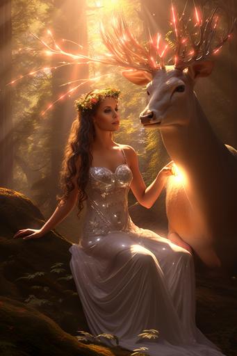 woodland fairy princess, brunette, mysterious, angelic glowing skin, riding a majestic deer, surrounded by a glowing bright aura of white light , embodying love and awareness, redwood trees and light mist as the background. Boris Vallejo style, cinematic lighting, 35mm, ultra high definition, photorealistic 8k --v 5.2 --s 60 --style raw --ar 2:3
