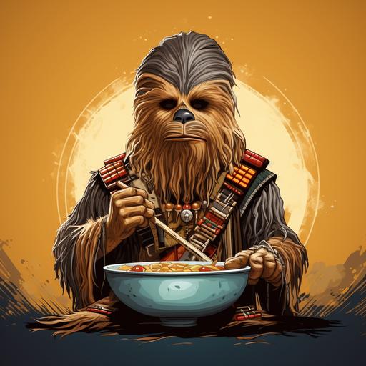 wookie chieftain wearing ceremonial garb and headdress eating a tiny bowl of soup. cartoon comic children book style illustration.