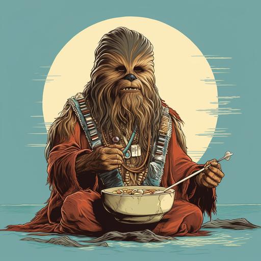 wookie chieftain wearing ceremonial garb and headdress eating a tiny bowl of soup. cartoon comic children book style illustration.