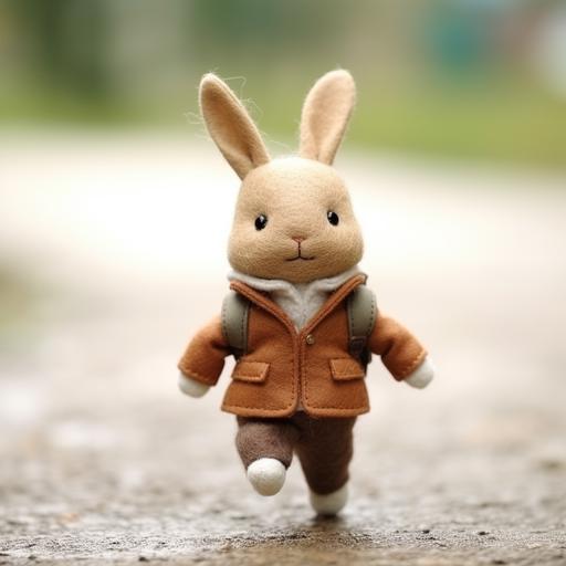 wool felt, Flat Little jogging rabbit, milky color, short ears, wearing brown jacket, natural light, cute, white background, 8k