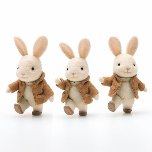 wool felt, Flat Little jogging rabbit, milky color, short ears, wearing brown jacket, natural light, cute, white background, Continous shot/Seequential shot/front back three views, 8k