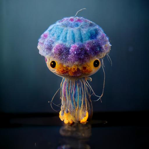 wool needle felted glow jelly fish character, 8k, adorable, photorealistic, physical rendering, toy, happy