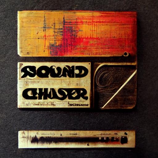 words “Sound Chaser” printed on metal, amp logo, lo-fi