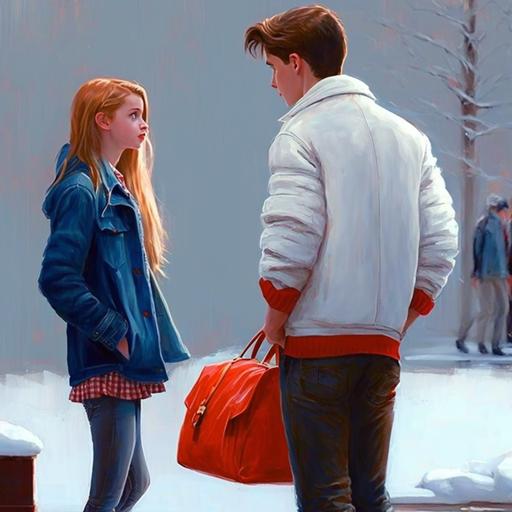 Teen age boy with red Jacket, white shirt, Blank jeans and white shoe having a pleasant conversation with same age girl wearing a Beautiful Blue color skirt with red heels carrying a white pouch with her. snow in Background.