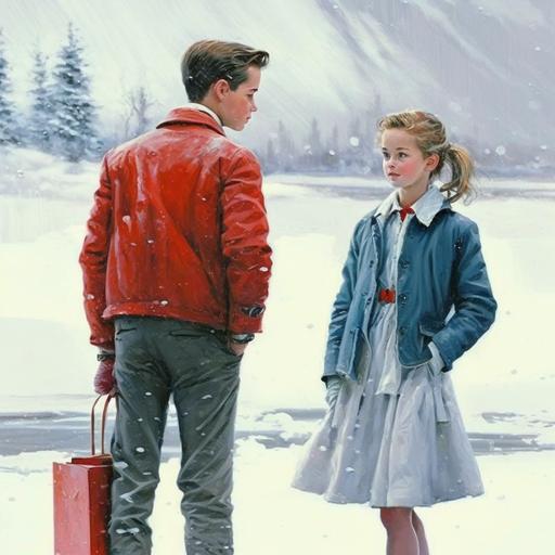 Teen age boy with red Jacket, white shirt, Blank jeans and white shoe having a pleasant conversation with same age girl wearing a Beautiful Blue color skirt with red heels carrying a white pouch with her. snow in Background.