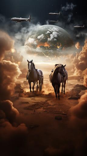 world Background, travel, aircraft, planet, horses, smoke and dust --ar 9:16