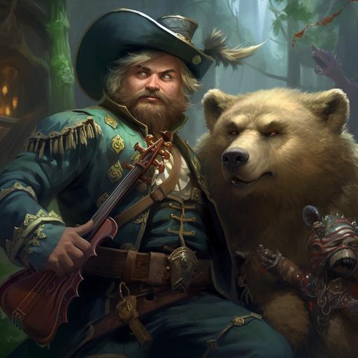 world of Warcraft, a blonde dwarf bard in fancy bard attire, waveborn diplomat regalia, green clothing, feather plume hat, holding a hunting rifle, a pet black bear in the background