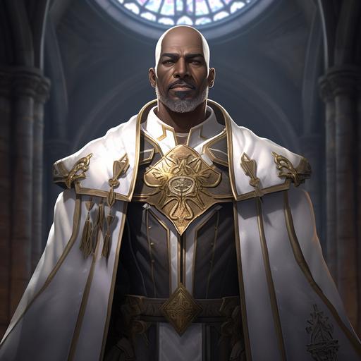 world of Warcraft style human male very dark skin color priest bald large gray mustache white clothing background cathedral