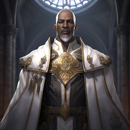 world of Warcraft style human male very dark skin color priest bald large gray mustache white clothing background cathedral