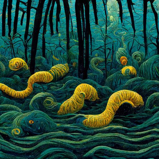 worm camping in an underwater forest van gogh style