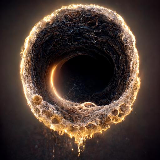 worm-hole interacting connecting two distance regions in a universe, bending light of star nebulas, golden gas dust particles flowing though the worm-hole, graviational bending, highly detailed, unreal engine, 8K, octane render 3D