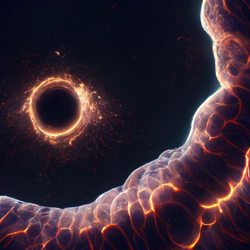 worm-hole interacting connecting two distance regions in a universe, bending light of star nebulas, golden gas dust particles flowing though the worm-hole, graviational bending, highly detailed, unreal engine, 8K, octane render 3D --uplight