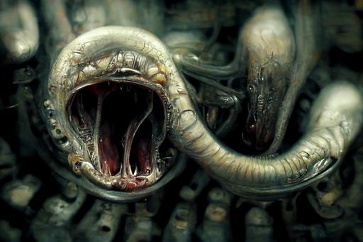 worm with open mouth full of sharp teeth, giger, realism, cinematic, --ar 3:2