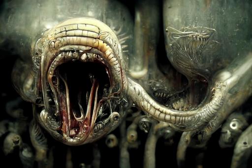 worm with open mouth full of sharp teeth, giger, realism, cinematic, --ar 3:2