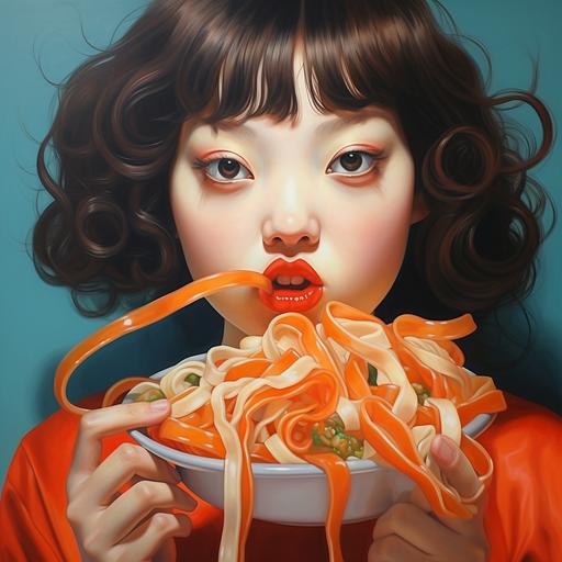 worms, cute girl eating them, noodles, fat chicks, crazy girl, in the style of fang lijun, martin creed, scott rohlfs, dollcore, aesthetics