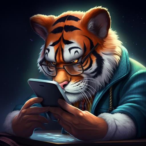 worried tiger in glasses reads something in his phone cartoon style fortune tiget slot casino